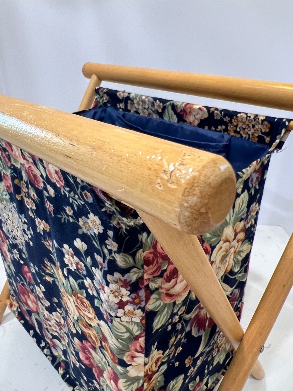 Vintage Foldable Wooden Sewing Basket Floral Knitting Craft Storage Caddy - Picture 9 of 15